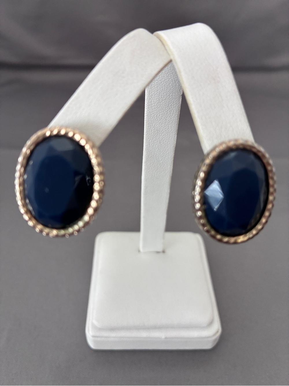 Navy Faceted Oval Stone Drop Earrings - Gold Trim